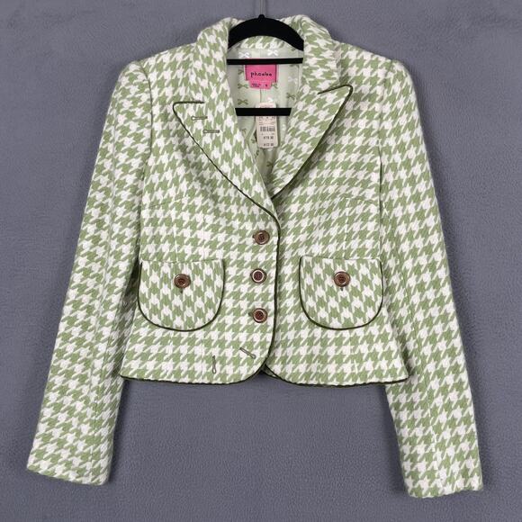 Phoebe Jacket Womens 8 Green White Houndstooth Blazer Cropped Acrylic New NWT - Picture 1 of 11